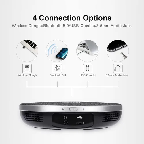 Vista 4 de Tenveo Micrófono de altavoz de conferencia, conectividad Bluetooth/Dongle/USB, 4 micrófonos de ruido AI y captación de sonido de 360°, compatible