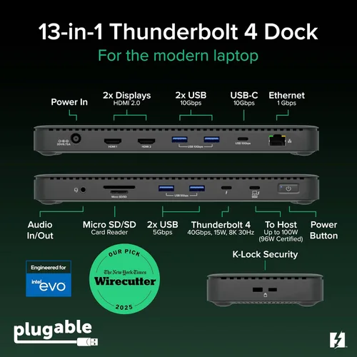 Vista 2 de Plugable Base de Conexión Thunderbolt 4 con Carga de 100W, Certificado Thunderbolt, Estación de Acoplamiento para Laptop con Monitor Dual Único 8K