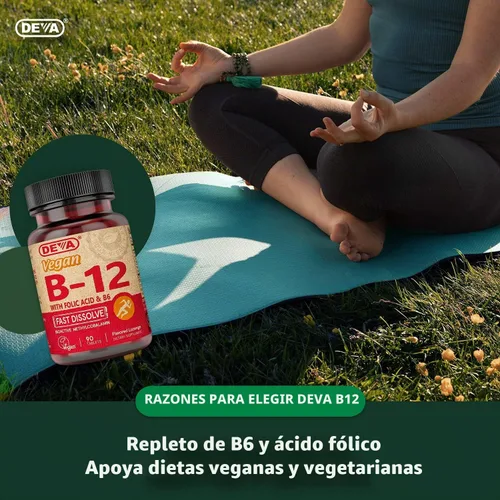 Vista 5 de DEVA Suplemento vegano de disolución rápida de vitamina B12, complejo una vez al día con 1000 Mcg de metilcobalamina B12, ácido fólico, B6 - Sabor a