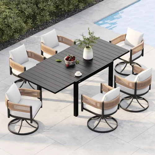 Vista 19 de Juego de comedor al aire libre Grand Patio de 5 piezas para 4, sillas de patio fijas de mimbre tejido metálico con cojines engrosados y 1 mesa
