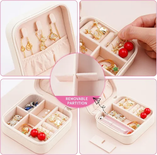 Vista 5 de Mini joyero portátil de viaje de cuero para joyas organizador de anillos caja de regalo para niñas y mujeres blanco
