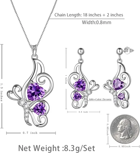 Vista 3 de Butterfly Heart Jewellery Sets Women 925 Sterling Silver Animal Butterflies Birthstone NecklaceEarring Set Crystal Wedding Birthday Jewelry
