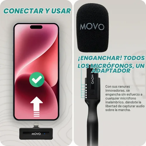 Vista 5 de Movo Micrófono inalámbrico Mini DI Ultra Compact Wireless Lavalier para iPhone con adaptador de mano WMX-HM - Micrófono de solapa con soporte