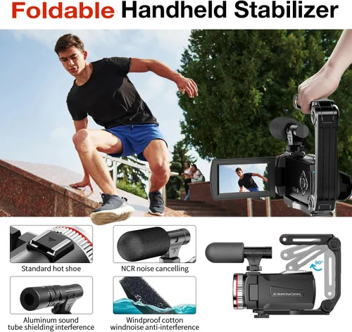 Vista 4 de Videocámara digital 4K, cámara dual de 64MP UHD Vlogging para YouTube, zoom digital 21X, cámara de vlog con micrófono externo, estabilizador