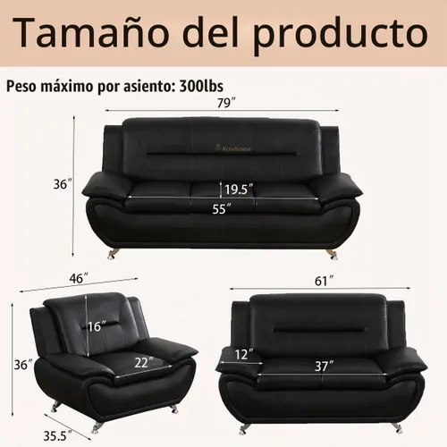 Vista 2 de A Ainehome Moderno juego de muebles de sala de estar de piel sintética, sofá modular de 6 asientos con sofá biplaza y silla (negro)
