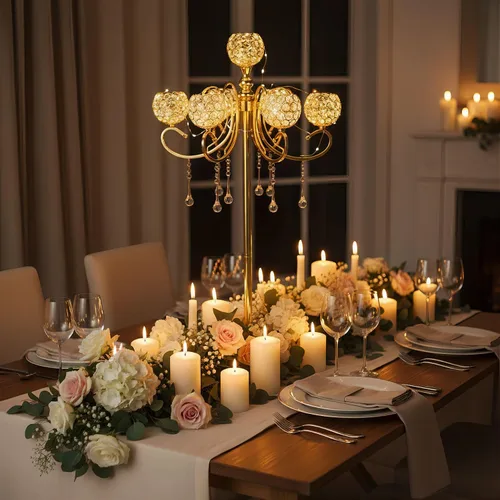 Vista 5 de Candelabro dorado para centros de mesa, 45.3 pulgadas de alto con 5 ramas con soporte de candelabro de cuentas de cristal para boda, pasillo