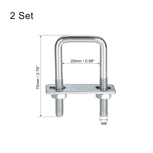 Vista 2 de uxcell Pernos cuadrados en U de 1 "(25 mm) de ancho interior de acero al carbono M8 con tuercas, placa de marco, arandelas redondas, juego de 2