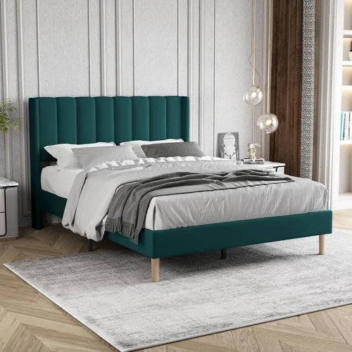 Vista 11 de Base de cama tapizada de tamaño individual con cabecero, listones de madera fuertes, no necesita somier, fácil montaje, terciopelo beige