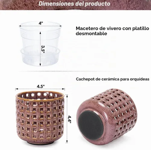 Vista 3 de D'vine Dev Maceta de cerámica para orquídeas de 4.5 pulgadas con diseño de recorte de celosía, maceta esmaltada con maceta transparente y platillo