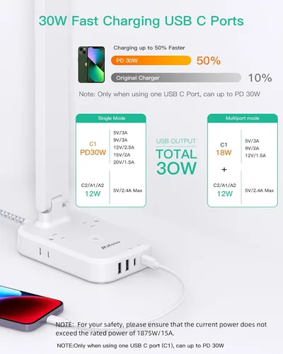Vista 5 de Regleta de alimentación con lámpara LED de escritorio, lámparas de escritorio táctiles PD 30W, 4 tomas de corriente, 4 puertos USB (2 USB C)