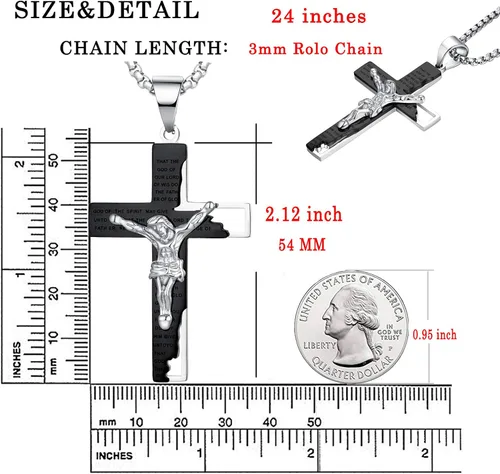 Vista 6 de YL Collar de cruz de acero inoxidable con colgante de crucifijo para hombre cadena Rolo de Jesucristo joyería de oración del Señor