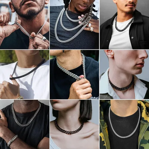 Vista 4 de Gargantillabrazalete con cadena de eslabones cubanos pesados para hombre, de acero inoxidable grueso chapado en oro de 14 quilates, disponible