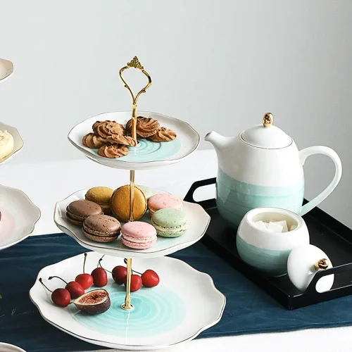 Vista 5 de SWEEJAR Juegos de té de porcelana y soporte de cerámica para tartas de 3 niveles SWEEJAR