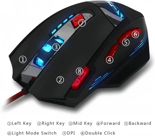Vista 2 de zelotes Ratón para juegos T90 9200 DPI, 8 botones programables, multimodo, luces LED, mouse USB para juegos, ajuste de peso para laptop, computadora