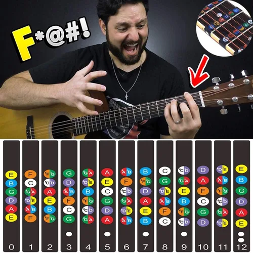 Vista 2 de Adhesivos para diapasón de guitarra Kimlong, calcomanías con código de colores para principiantes con mapa de trastes para práctica, para guitarras