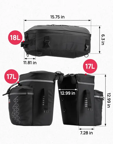 Vista 5 de KEMIMOTO Combo de alforjas de bicicleta 3 en 1, bolsa de comestibles para sillín de bicicleta con cubierta impermeable para lluvia, 52 L, gran