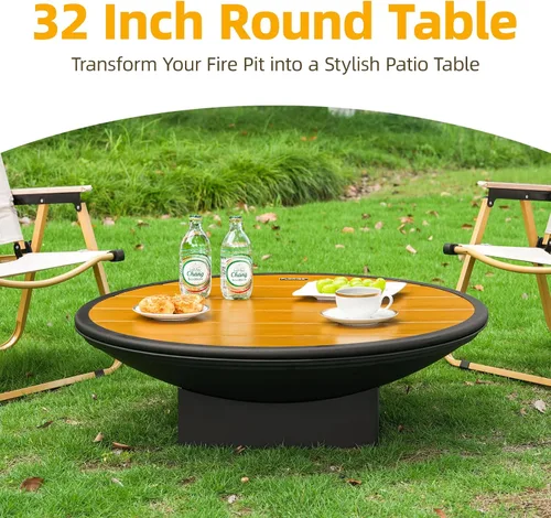 Vista 4 de Fogata de 32 pulgadas para exteriores, mesa de fogata de leña para exteriores con parrilla y tapa, hoguera portátil grande para patio trasero