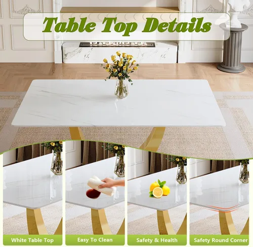 Vista 3 de Juego de mesa de comedor para 4, mesa de comedor de mármol sintético de 63 pulgadas con patas y base de acero inoxidable, sillas acolchadas