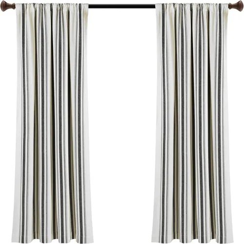 Vista 8 de Lush Decor Farmhouse Stripe - Par de paneles de cortinas de ventana de algodón reciclado ecológico teñido en hilo a rayas, 42" A x 63" L, Negro