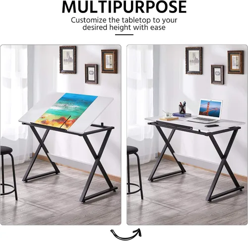 Vista 5 de Yaheetech Mesa de dibujo para artistas, escritorio de arte, dibujo, pintura, mesa de estudio con mesa inclinada, estación de trabajo para adultos
