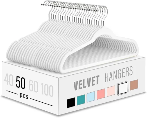 Vista 10 de Perchas de Terciopelo para Ropa (Paquete de 50) Resistentes y Duraderas Perchas para Trajes Perchas de Colores Vibrantes Ligeras que Ahorran Espacio