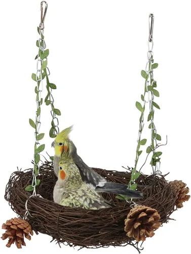 Vista 5 de Nido de ratán natural pequeño, mediano y grande, columpio para pájaros para loro, cacatúa, conure, cacatúa, guacamayo amazónico, agapornis gris