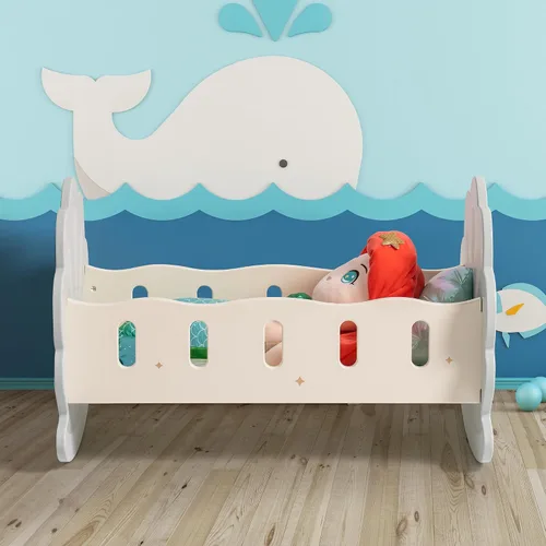 Vista 9 de ROBOTIME Cuna Mecedora de Madera para Muñecas, Juguetes de Cama para Muñecas de Niña, Cuna de Juguete para Muñecas de Bebé, Cuna para Muñecas de Azul