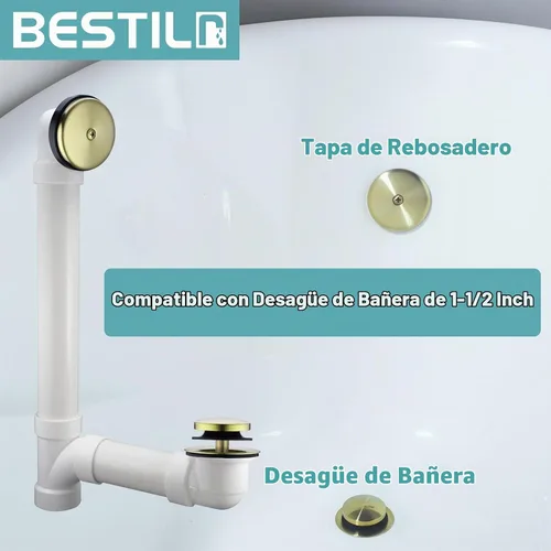 Vista 3 de BESTILL Kit de conversión de desagüe de bañera con punta de punta con placa frontal de desbordamiento, oro cepillado