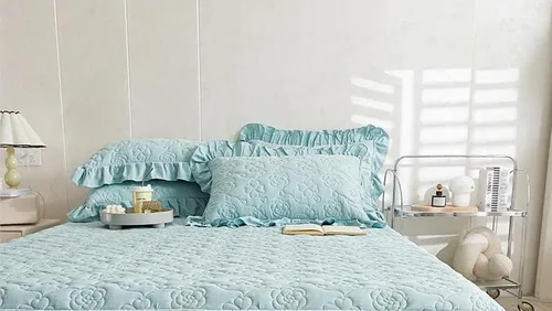 Vista 7 de Colcha acolchada de algodón brocado con patrón de flores, falda de cama con volantes, tamaño Queen, beige