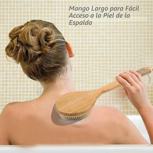 Vista 2 de TEMEAYE Cepillo corporal de cepillado en seco, mango de madera combinado con cerdas naturales de fuerza media, exfoliante suave para eliminar