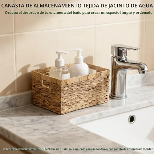 Vista 7 de Caja de cesta tejida de jacinto de agua natural rectangular con asa, Kingwillow. (Pequeño)