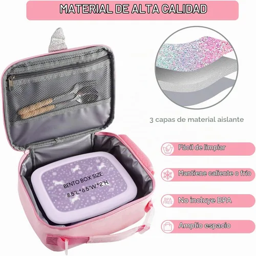 Vista 3 de Lonchera de unicornio para niñas con correas ajustables para el hombro, bonita lonchera aislada a prueba de fugas, con purpurina y brillo, bolsa