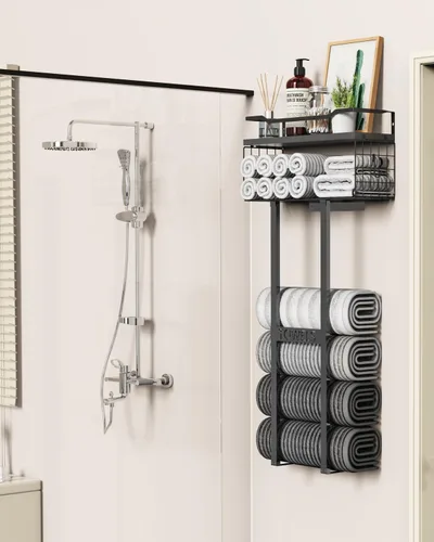 Vista 5 de Aetyord Toallero para Baño de 31 Pulgadas Montado en Pared, Estante Flotante con Tablero de Madera, Almacenamiento de Toallas para Baño que Puede
