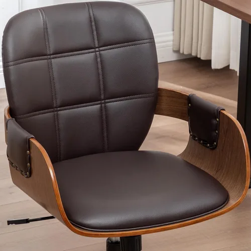 Vista 6 de Silla de escritorio de oficina en casa con ruedas giratorias, artesanía de nogal, respaldo y brazos curvos ergonómicos, piel sintética, altura