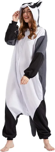 Vista 2 de DELEY Women Men Halloween Onesie Adult Pajamas Animal Cosplay Costume Homewear Sleepwear Jumpsuit,White Badger