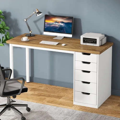Vista 10 de Tribesigns Escritorio para computadora con 5 cajones, escritorio de oficina en casa de 47 pulgadas, color marrón rústico, con almacenamiento Negro