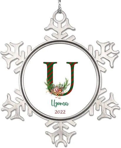 Vista 26 de Monograma inicial letra A copo de nieve, adorno de bayas de pino de Navidad para decoración de árbol de Navidad, adornos de Navidad personalizados