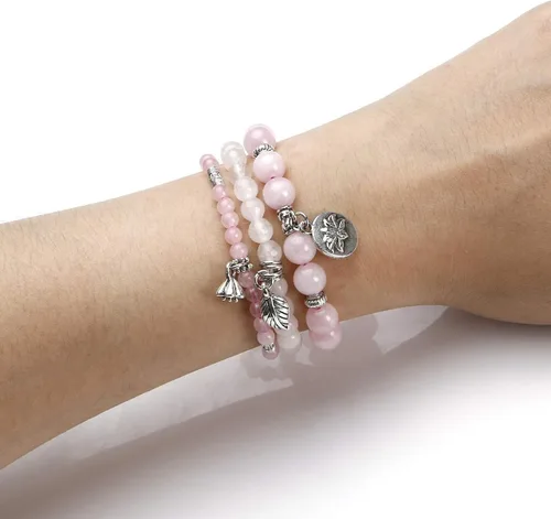 Vista 4 de Jovivi - 3 pulseras de cuentas de cristal de cuarzo rosa amatista para chakras, energía natural de curación, cuentas de loto, piedra reiki