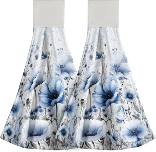 Vista 25 de Poppy Flower Hanging Hand Towels Set of 2,17x12 Inch Watercolor Chinoiserie Yellow Black Floral Soft Absorbent Dish Cloth Tie Towel for Kitchen