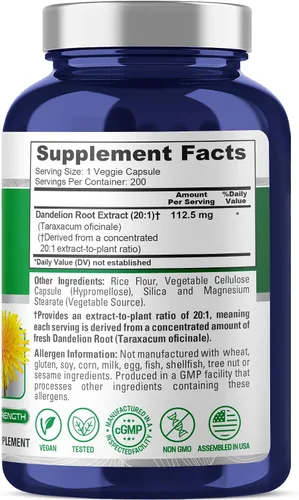 Vista 2 de NusaPure Cápsulas de raíz de diente de león, 112.5 mg, 200 cápsulas vegetales (sin OMG, veganas)