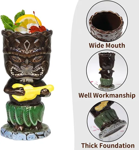 Vista 3 de SuproBarware Tiki - Juego de tazas de cóctel de 10.1 fl oz, coloridas tazas de cóctel de cerámica, decoración hawaiana para fiestas exóticas