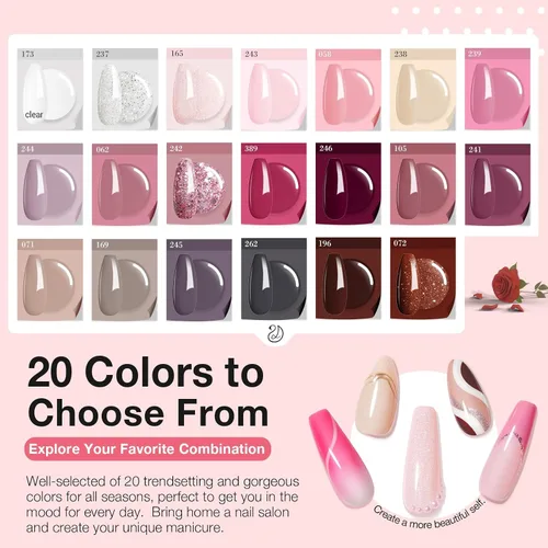 Vista 5 de AZUREBEAUTY Kit de Iniciación de Polvo de Inmersión para Uñas de 31 Piezas, 20 Colores Transparente Nude Rosa Marrón Brillantina Todas las Auburn