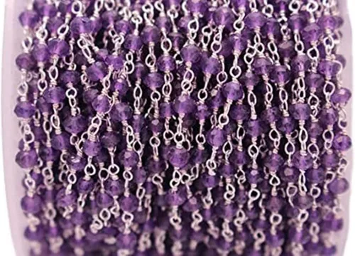 Vista 2 de 36 pulgadas de largo gema amatista 0.118-0.138 in rondelle forma de rondelle cuentas de corte facetado envuelto en alambre plateado cadena