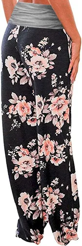 Vista 3 de Gracyoga - Pantalones de pijama cómodos para mujer, pantalones de yoga tipo palazzo con pierna ancha, pantalones elásticos con cintura plegada