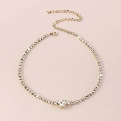 Vista 4 de Collar de corazón para mujer, gargantilla de diamantes de imitación, gargantilla de corazón brillante de oro, collar de circón, collar