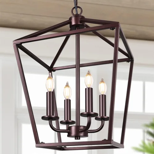 Vista 10 de Lámpara de araña estilo granja para cocina y comedor, lámpara colgante rústica de 4 luces para techo con altura ajustable en acabado de madera
