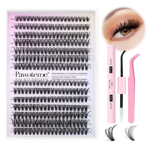 Vista 13 de Kit de Extensión de Pestañas Pawotence DIY 280 piezas, Kit de Racimos de Pestañas Individuales 20D y 30D Naturales 9-15mm, Kit de Extensiones