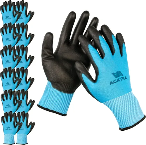 Vista 10 de ACKTRA Guantes de trabajo de seguridad ultrafinos de poliuretano 12 pares, WG002 negro/negro, XS