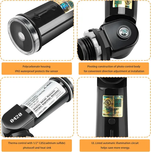 Vista 2 de Paquete de 2 sensores de anochecer a amanecer para iluminación exterior, interruptor fotoeléctrico de 120-277V, sensor de luz de fotocélula cableado
