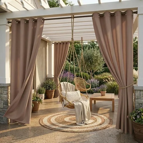 Vista 25 de StangH Cortinas para exteriores beige impermeables, tela gruesa, bloqueo de luz, cortinas opacas para patio con ojales en la parte superior